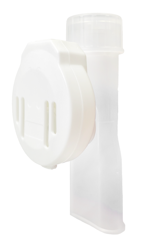 The Ezzypep by beehive2u is a white cylindrical plastic container with a detachable lid and protruding rectangular dispensing section. This OPEP device effectively enhances mucociliary clearance.