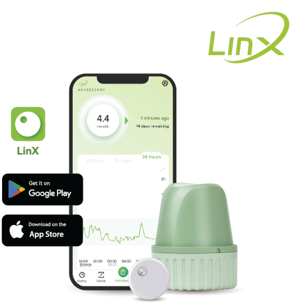 Beehive2u’s LinX Continuous Glucose Monitoring System and mobile app provide real-time glucose insights. The LinX logo appears top right for advanced diabetes management. Download on Google Play and App Store.