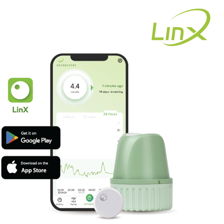 Beehive2u’s LinX Continuous Glucose Monitoring System and mobile app provide real-time glucose insights. The LinX logo appears top right for advanced diabetes management. Download on Google Play and App Store.