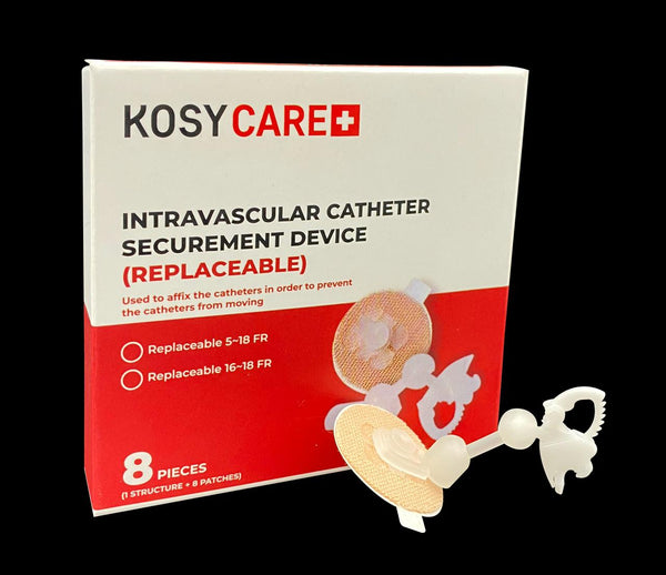 The beehive2u Kosycare box includes 8 replaceable securement devices for intravascular catheters, crucial for preventing movement.