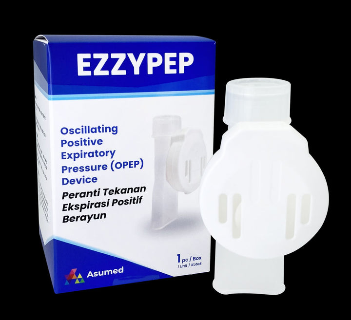 The beehive2u Ezzypep OPEP Device box, labeled in English and Malay, features a blue and white design. It is designed for effective lung therapy, promoting mucociliary clearance to enhance respiratory health.