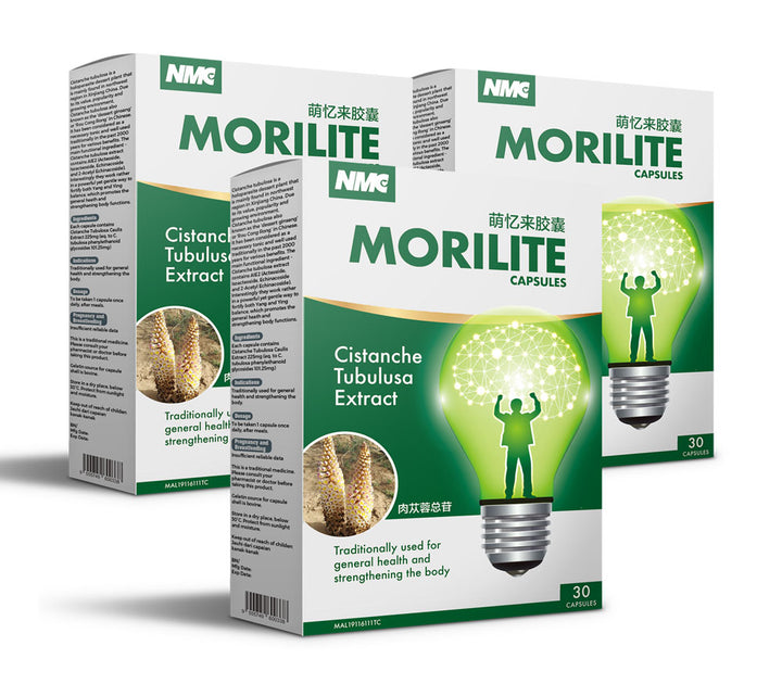 A group of 3+3 pack Morilite boxes formulated with Cistanche Tubulosa, known for its Anti-Aging Properties and enhancing Memory Function, by beehive2u.